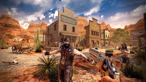 Rocker Zombie in Wüsten Stadt mit Revolver